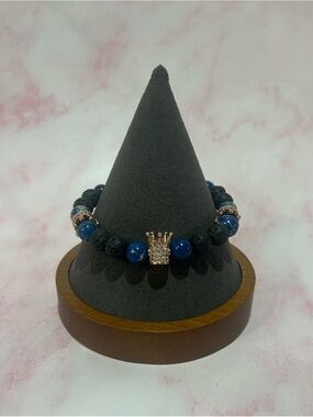 Rose gold-Crown Accent Blue Beaded Stretch Bracelet